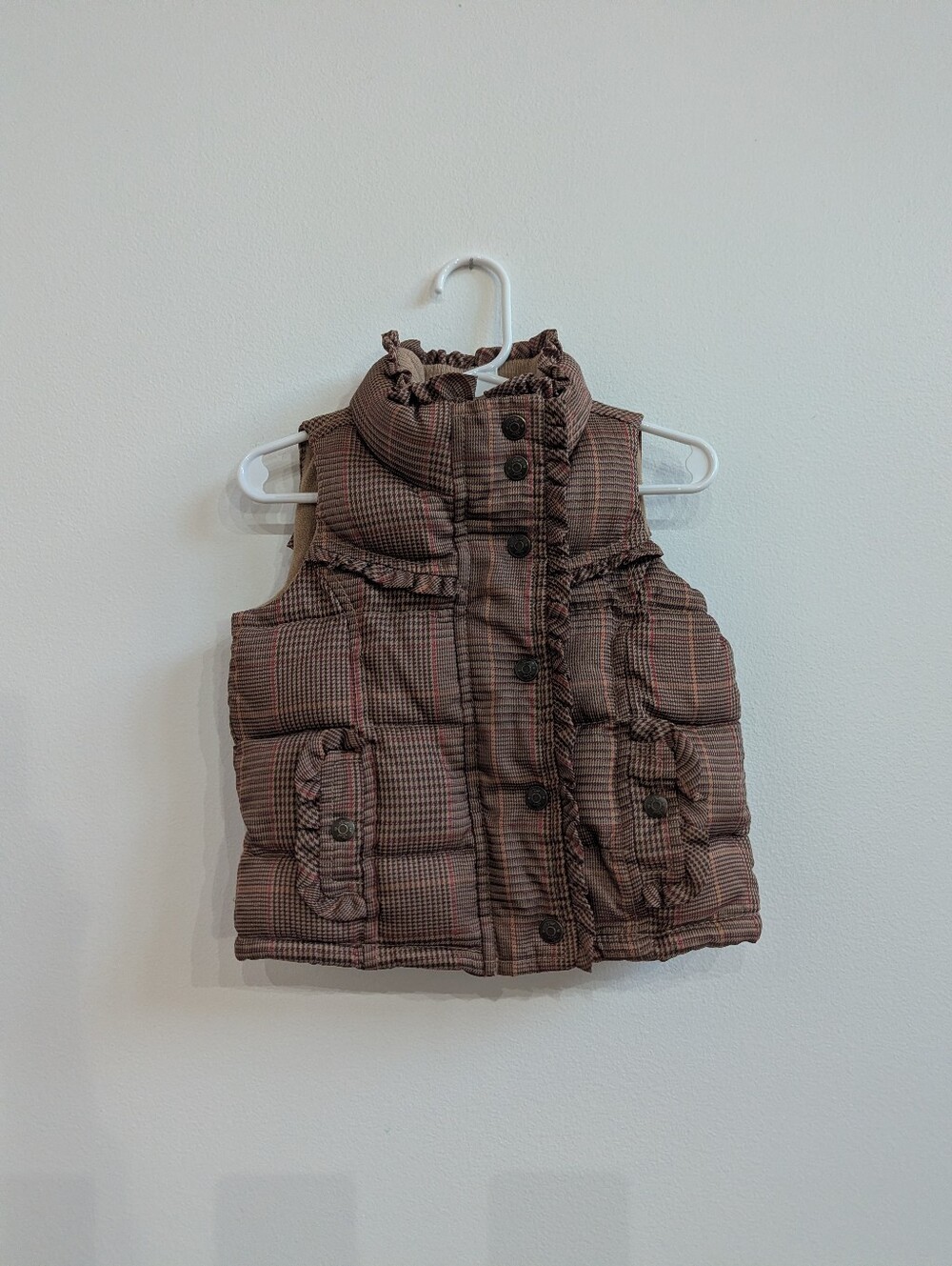 Baby Gap Girls 12-18m Brown Plaid Ruffle Plaid Puffer Vest